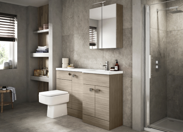 Modern Natural coloured bathroom with toilet mirror and shower with shelving and stool under a window