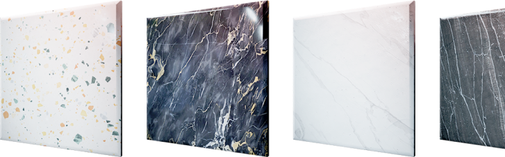 4 tiles samples of material options terazzo, marble