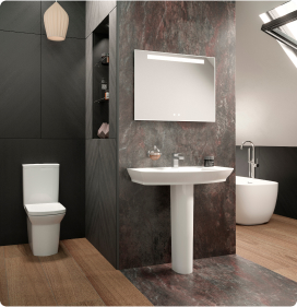 modern clean minimal white bathroom with toilet sink and bath