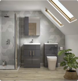 modern clean grey bathroom with toilet sink and shower